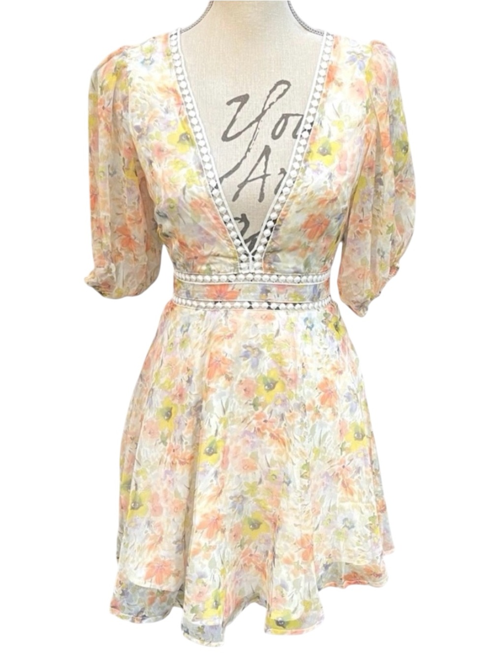 Angel Biba Deep-V Pastel Sheet Floral Short Puff Sleeve Fit & Flare Dress (XS)